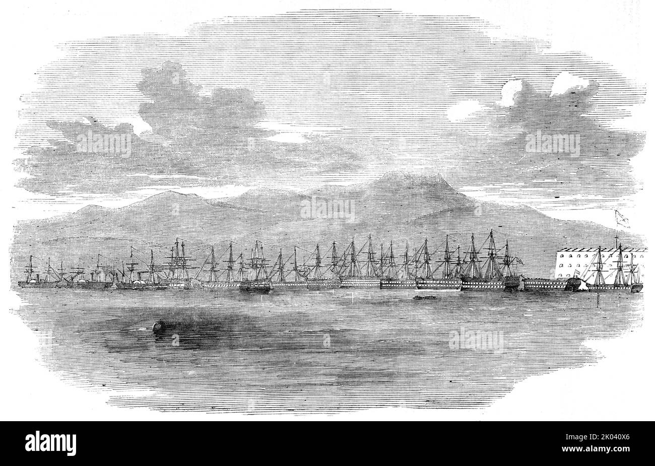 Die russische Flotte vertäute vor den Batterien von Sebastopol, unter den Gewehren, 22. September 1854. Krimkrieg. Kriegsschiffe am Schwarzen Meer verteidigen die strategische Hafenstadt. Aus „Illustrated London News“, 1854. Stockfoto
