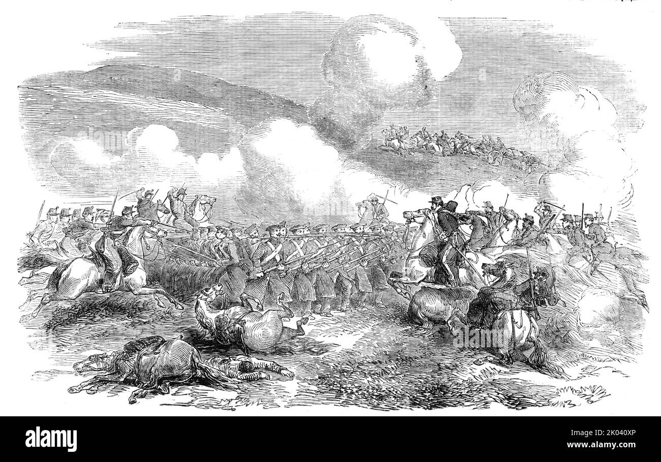 Leitung der Chasseurs d'Afrique, 25. Oktober 1854. Krimkrieg, Schlacht bei Balaclava, Auszug aus der Beschreibung des französischen Kommandeurs Canrobert: ''... meine Brigade der Chasseurs d'Afrique, links von der englischen Armee in der Ebene, bemühte sich, ihr zu helfen, was ihr durch ein mutiges und vielbeworbenes Manöver gelang, Das darin bestand, links eine Artilleriebatterie anzugreifen, die ein mörderisches Feuer auf die englischen Bataillone gehalten hatte und die sie zurücktrieb. Wir verloren etwa zwanzig getötete und verwundete Männer und zwei Offiziere. Der Verlust des Feindes an diesem Punkt Stockfoto