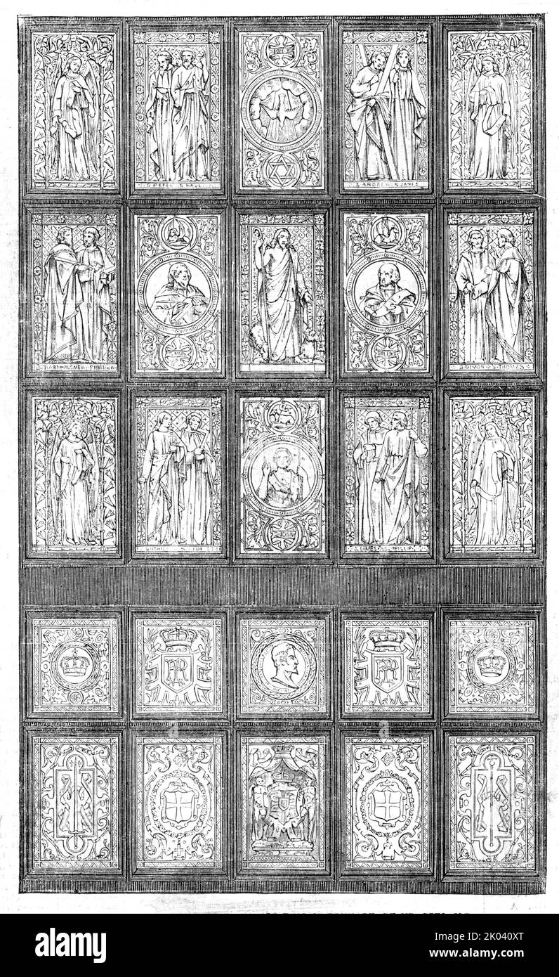 Gemaltes Fenster, das dem König von Dänemark von Mr. Peto, M.P., 1854, überreicht wurde. Geschenk von Samuel Morton Peto an Friedrich VII. Bei der Eröffnung der Königlich Dänischen Eisenbahn. „Das Fenster... besteht aus fünfundzwanzig Lichtern... das zentrale enthält eine lebensgroße Figur unseres Erlösers, als des Guten Hirten. Sein Kopf scheint vor Heiligkeit strahlend, und seine Kleider bezeichnen die makellose Reinheit seiner Natur; die position...in das Zentrum des Fensters ist eine kluge Vorstellung, die die Position angibt, die besetzt ist als der Fokus der Liebe Gottes und "der Glanz seiner Herrlichkeit". Die zehn Lichter komponieren Th Stockfoto