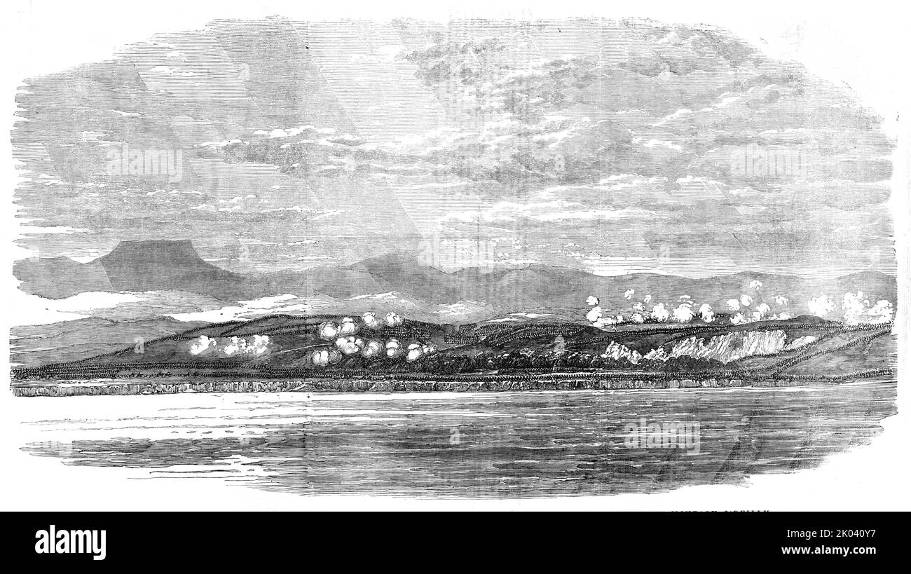Schlacht an der Alma - skizziert vom Mizen-Top von H.M.S. „Retribution“, von Leutnant Montagu O'Reilly, 1854. Krimkrieg, Szene am 20. September von einem britischen Kriegsschiff. „Der russische Bericht über die Schlacht... ist viel wahrheitsgetreuer als die gewöhnlichen Bulletins aus St. Petersburg, [Und] gesteht, dass das Auftreten der Franzosen in diesem unerwarteten Viertel eine ziemlich schädliche Angelegenheit war...[die] dichte Masse von Truppen, die entlang der Uferstraße nach Sebastopol nach Süden marschierten [besteht aus] französischer Infanterie und Pferdeartillerie...[die] Skizze stellt den marsch der englischen Armee kurz nach dem CO dar Stockfoto