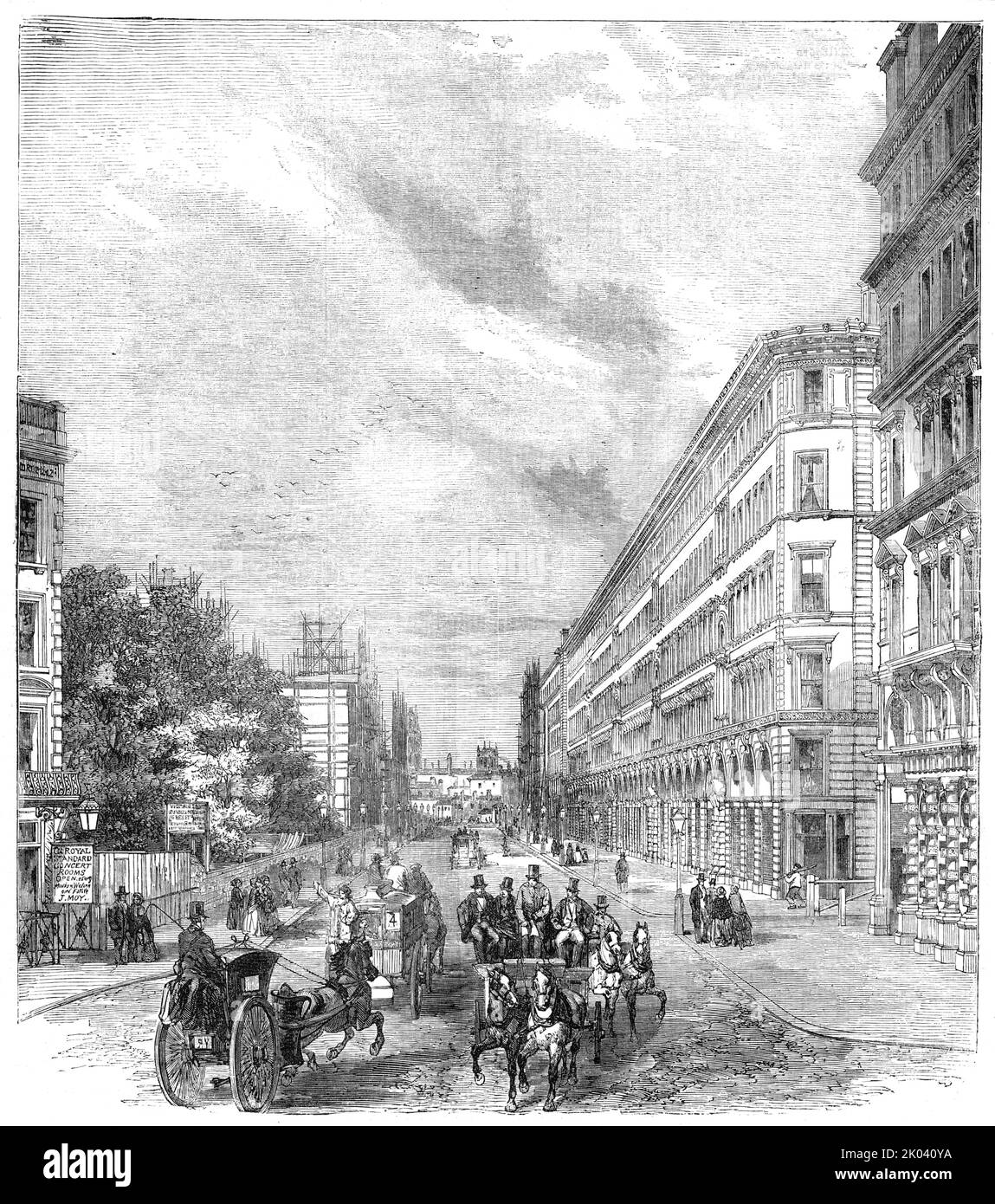 Victoria-Street, Westminster, 1854. Neue Wohnungen in London: „...um Familien aller Größen die Möglichkeit zu geben, Wohnungen zu haben, die ihrer Anzahl entsprechen, und jede in sich geschlossen und verschieden sind; ein System der Anordnung, das Paris und die meisten anderen kontinentalen Städte gemeinsam haben, Und das in Edinburgh und Glasgow als das System der "Wohnungen" bekannt ist...in einem Haus werden alle Wohnungen mit heißem Wasser beheizt, wodurch auf die Verwendung von offenen Feuern verzichtet wird, mit den notwendigen Kosten und Schmutz, sowie die Arbeit der Teilnahme. Während des ganzen Ganzen wird das Kochen durch ein Gerät mit Gas erhitzt, das bewunderungswürdig gefunden wird Stockfoto