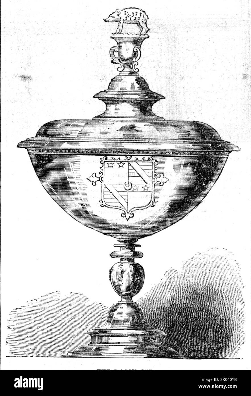 Der Bacon Cup, 1854. „Dieses elegante und interessante Relikt vergangener Zeiten wurde aus dem Großen Siegel Englands für Sir Nichola Bacon, Ritter, Lord Keeper, Vater des großen Lord Bacon, hergestellt. Sir Nicholkhat diesen Pokal als Erbstück seinem zweiten Sohn, Sir Nathaniel Bacon, aus dem Landkreis Norfolk, KB, überlassen, einem der bedeutendsten Maler seiner Zeit. Es ist silbervergoldet: Seine Maße sind elf Zoll in der Höhe und der Durchmesser der Schale sieben Zoll, und auf ihm sind die Arme der Bacon-Familie eingraviert, und die folgende Inschrift: "Ein thyr Stockfoto