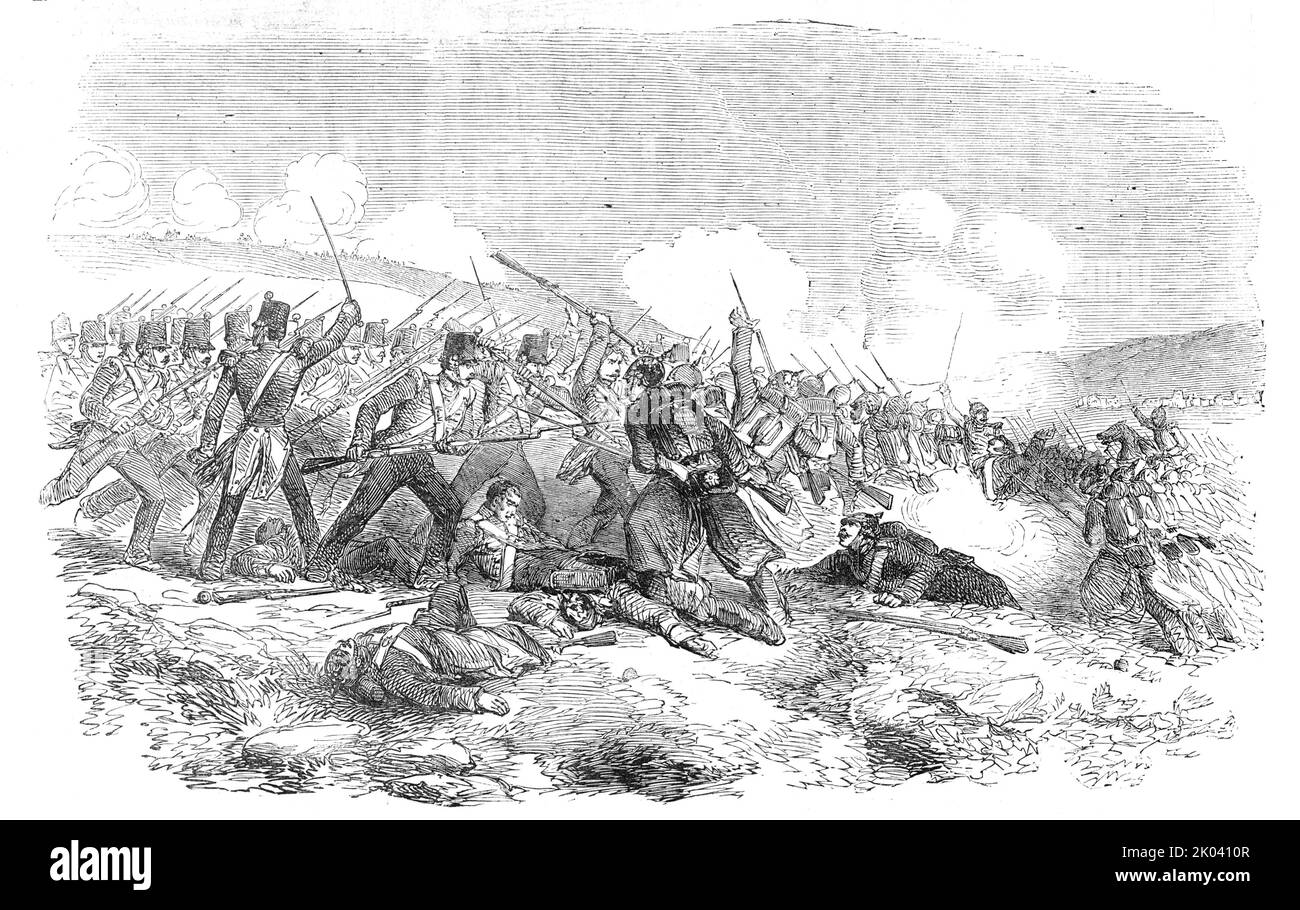 Die Schlacht von Inkerman - Repulse der Russen, 1854. '...Skizze eines Augenzeugen [mit] einer treuen Darstellung von... dem denkwürdigen 5.. November... der Feind war nun völlig aus dem Busch, der sie auf ihrem Vormarsch abgeschirmt und geschützt hatte...Unsere Regimenter hielten an, streckten ihre Linie nach links aus und begannen ein gewaltiges Feilenfeuer. Der Feind, in Unordnung, gab kaum einen Schuss zurück, aber stand auf seinem Boden und fiel um Hunderte und Hunderte... Unsere Gefährten wurden von ihnen am Punkt des Bajonetts angeklagt und massakriert... obwohl sie unter dem französischen Feuer buchstäblich mit dem Schlagstock fielen Stockfoto