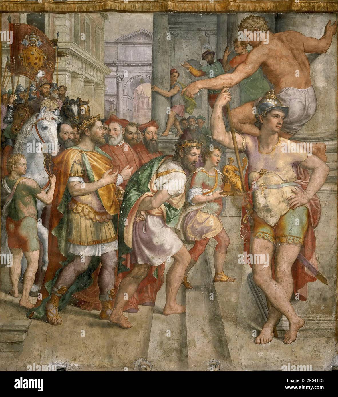 Die Spende von Pepin the Short an Papst Stephen II, c. 1565. Gefunden in der Sammlung der Musei Vaticani in Viale Vaticano, Rom. Stockfoto