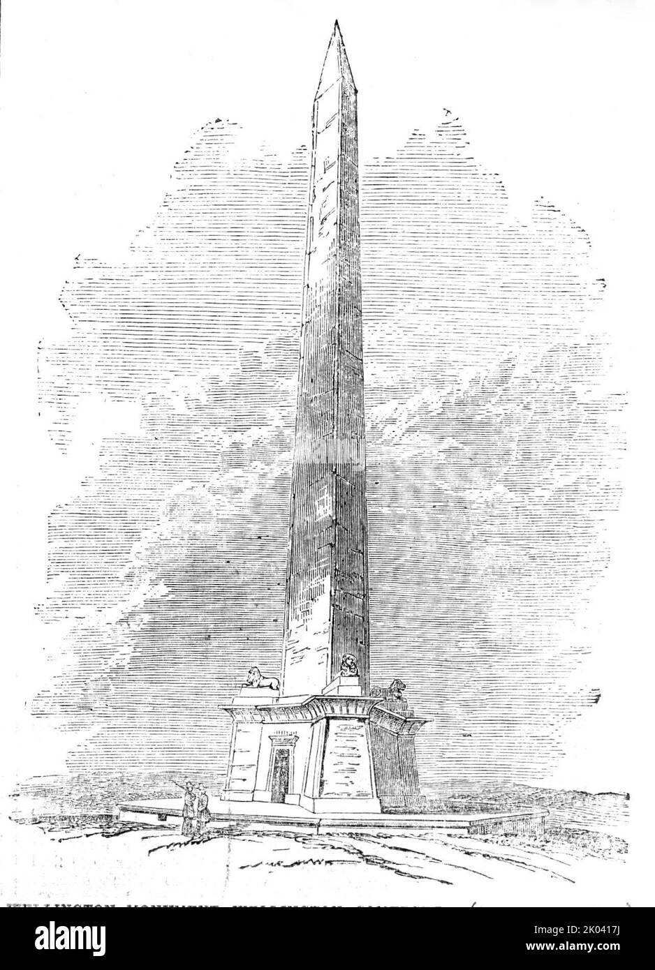 Wellington Monument, Wellington, Somerset, 1854. Denkmal, das von Thomas Lee entworfen wurde, um an den Sieg des Herzogs von Wellington in der Schlacht von Waterloo zu erinnern. Es ist der höchste dreiseitige Obelisk der Welt. „Das Komitee entschied, nachdem es sich von der Stabilität des alten (von Blitzeinschlägen getroffenen) Schachtes überzeugt hatte, dass der ursprüngliche, dreieckige und etwa 100 Meter hohe Schacht, wo nötig, sorgfältig repariert werden sollte; Und etwa 50 Meter höher getragen werden, um es mehr zu den Proportionen eines Obelisken zu bringen. Die Treppe ist nach oben zu tragen, wo Th Stockfoto