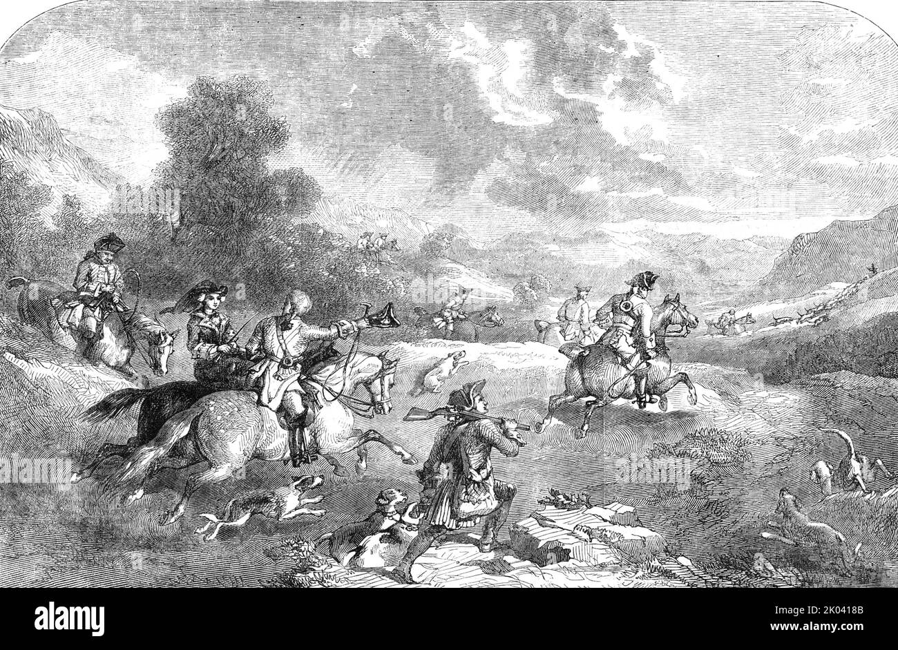 Hirschjagd in der Regierungszeit von George II.. - Nach einem Gemälde von Frederick Tayler, 1854. Die dicken, dicken, grobgezüchteten Pferde; die riesigen Jagdhörner; der Hefepräker, Mit den langsamen lyme-Jagdhunden in Paaren, mit denen er den Hirsch markiert hat, damit das schnellere Rudel "zwingt" - alle sprechen vom Zeitalter der langsamen, stattlichen, wissenschaftlichen Jagd, die in diesem Land unter den Formen fortgeführt wurde, Und mit den Bedingungen unserer normannischen Eroberer, bis der Fortschritt der Landwirtschaft unsere Wälder verdünnte und die großen Hirscharden ausrottete, die bis zur Mitte des achtzehnten Jahrhunderts, Stockfoto