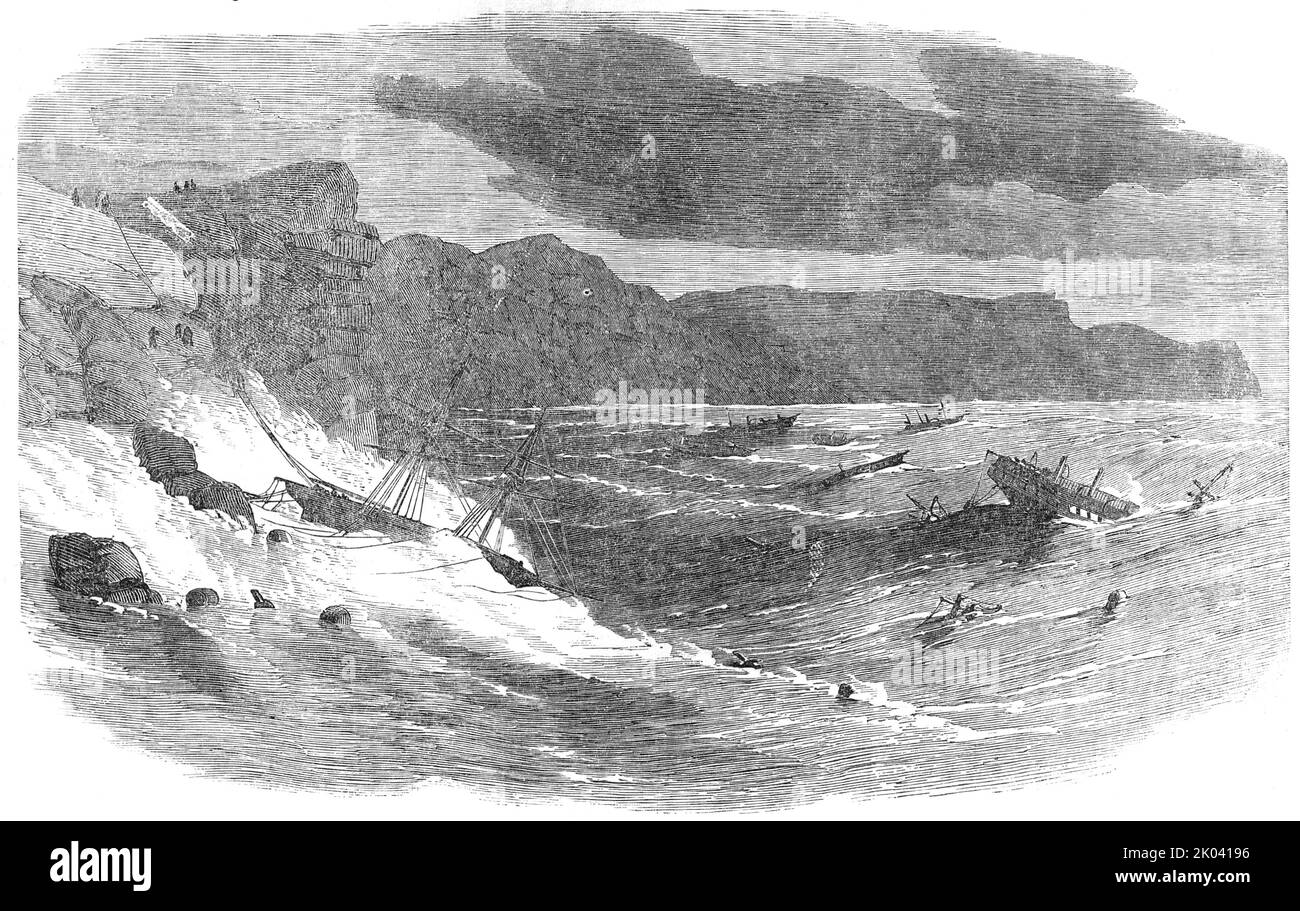Sturm in der Bucht von Balaclava, 1854. Krimkrieg: Royal Navy Schiffe verloren bei schlechtem Wetter am Schwarzen Meer. „Captain Frain rettet den einzigen Überlebenden vor der Wilden Welle; Stolz des Ozeans; HMS Retribution; Medora; Lady Valiant; HMS Vulcan; Mercia...das Meer, das sich in einer dunklen Masse unter den schweren Wolken zu sammeln schien, die den Himmel in der Morgendämmerung bedeckten, wurde allmählich in das Weiß eines kochenden Kessels gequetscht... inmitten dieses schrecklichen Kessels lagen ungefähr dreißig Schiffe... die Vergeltung, Die am weitesten in der Bucht war, hatte durch den Verlust ihres Ruders alle Macht über ihren Dampf verloren...große Mastteile und Wrack Stockfoto