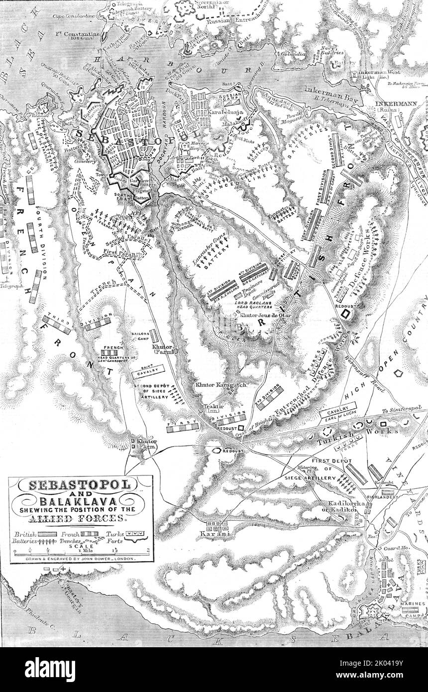 Sebastopol und Balaclava, die die Position der alliierten Streitkräfte anzeigen, 1854. Krimkrieg. „Die schweren und kostspieligen Schlachten von Balaclava und Inkerman und die Annäherung des Winters - die die aktiven Belagerungsoperationen der Alliierten notwendigerweise verzögern, wenn nicht vorübergehend stoppen werden - wiesen auf die Notwendigkeit hin, das Lager dieser Alliierten in einen effizienten Verteidigungszustand zu versetzen, Durch vollständige Umkreisungen...das Ziel der beiden Angriffe war sehr unterschiedlich. Die von Balaclava sollte die alliierten Armeen im hinteren Teil nehmen und ihre Kommunikation mit dem Meer bei Balaclava abschneiden...[das Objekt Stockfoto