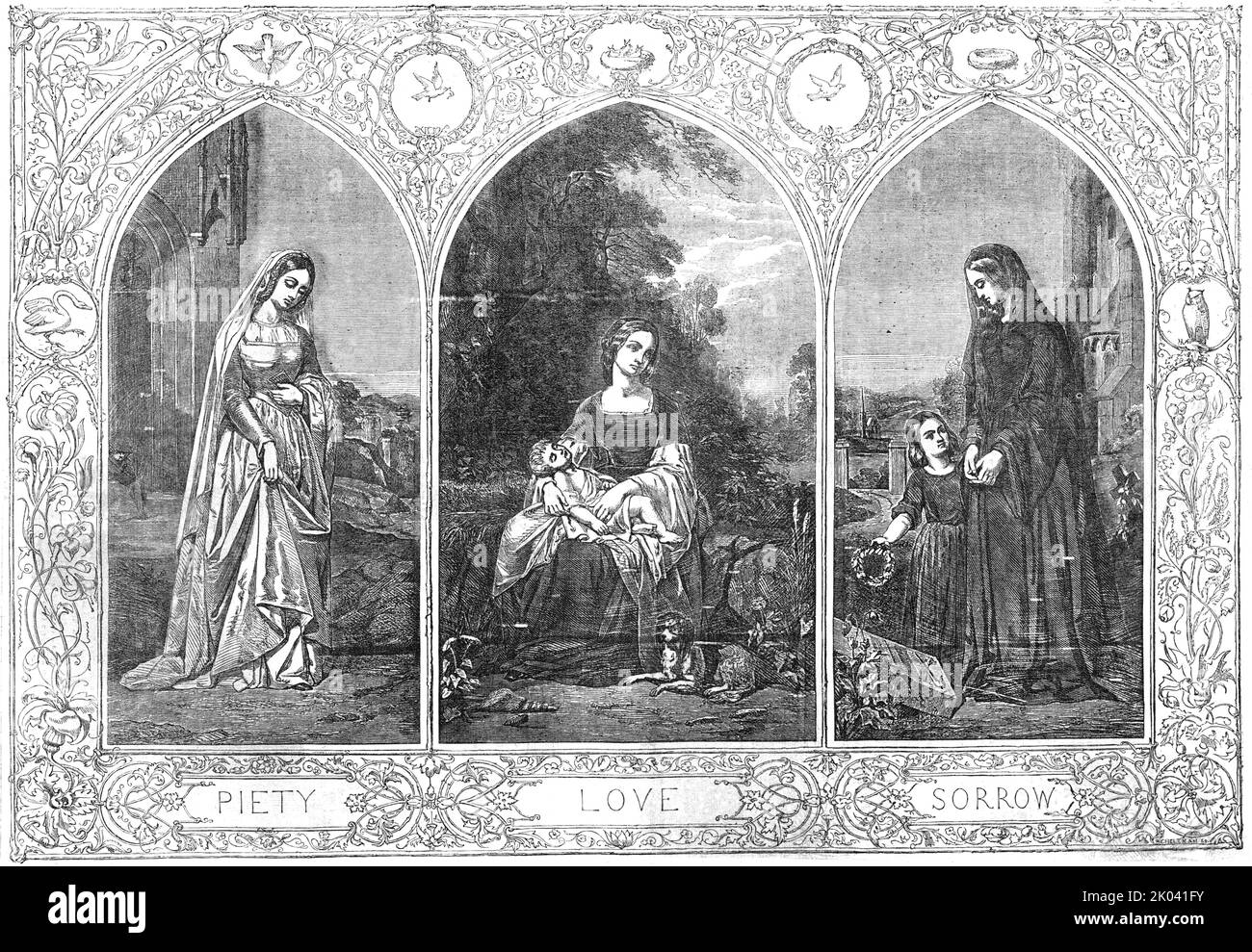 Frömmigkeit - Liebe - Trauer, 1854. 'Mit ehrfürchtigen Füßen den geheiligten Spott drückend, betretet Du die Erde, wie die Weisen in den alten, begünstigten Tagen traten, die mit Gott wandelten! Auf eine Art und Weise, in der sich alle süßen Wohltätigkeitsorganisationen treffen, sind Deine Schritte konstant, während die Wellen zeitlich schlagen und Lüfte vom Himmel um deine Füße spielen. Als einer, für den Gottes besseres Licht glänzt... heilig und wunderbar schön bist du, o Kraft der Liebe! Wer ist da, der sich von dieser besten Musik des schlagenden Herzens teilen würde? Deine süßesten Töne können auf der Zunge schwanken; die Akkorde können brechen, dass mit deinen Stämmen geläutet haben; aber Gedächtnistreas Stockfoto