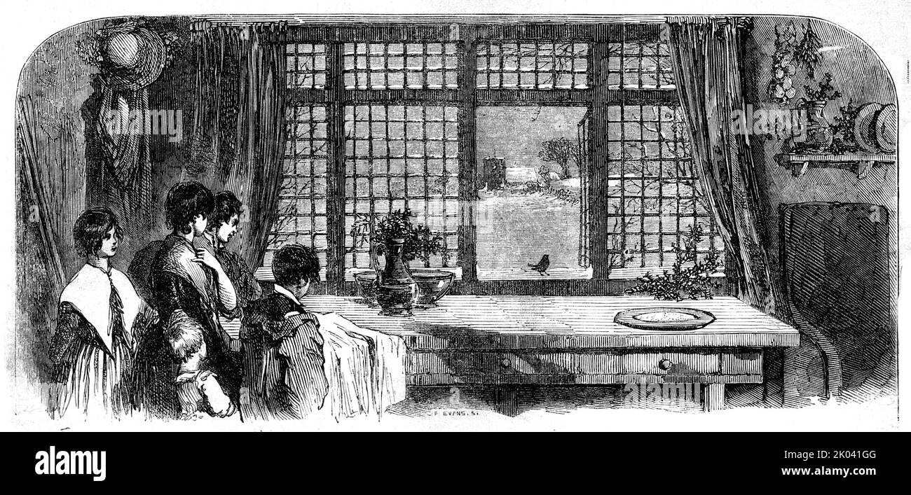 Der Weihnachtsgast, 1854. Kinder beobachten ein Rotkehlchen auf dem Schweller eines offenen Fensters. Aus „Illustrated London News“, 1854. Stockfoto