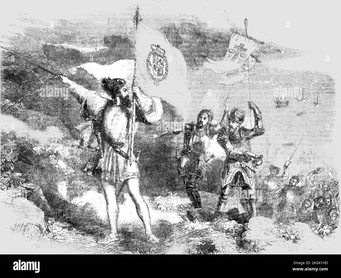 „Kolumbus nimmt die Insel St. Salvador in Besitz; Kolumbus und seine Entdeckungen 1492“, 1854. Aus „Cassells Illustrated Family Paper; London Weekly 31/12/1853 - 30/12/1854“. Stockfoto