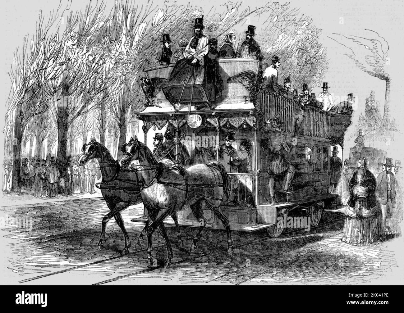 'Railway Omnibus on the Cours la reine, Paris; Railways on ordinary roads', 1854. Aus „Cassells Illustrated Family Paper; London Weekly 31/12/1853 - 30/12/1854“. Stockfoto
