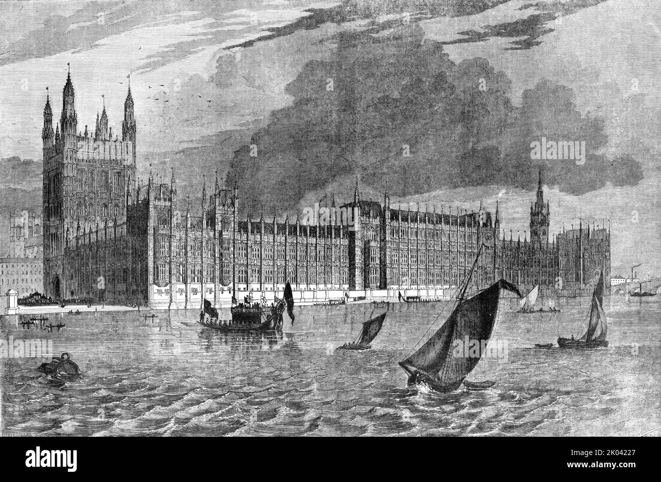 'River Front of the Parliament Houses, Westminster', 1854. Aus „Cassells Illustrated Family Paper; London Weekly 31/12/1853 - 30/12/1854“. Stockfoto