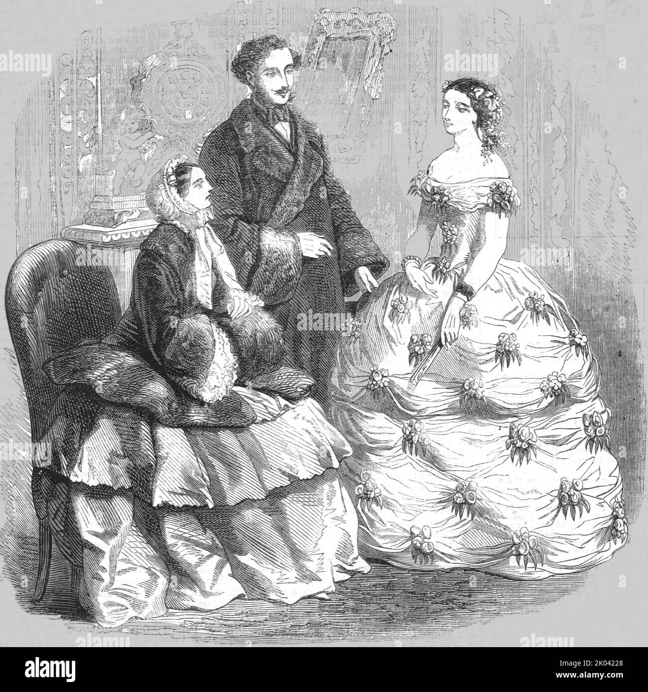 „Neueste Pariser Mode“, 1854. Aus „Cassells Illustrated Family Paper; London Weekly 31/12/1853 - 30/12/1854“. Stockfoto
