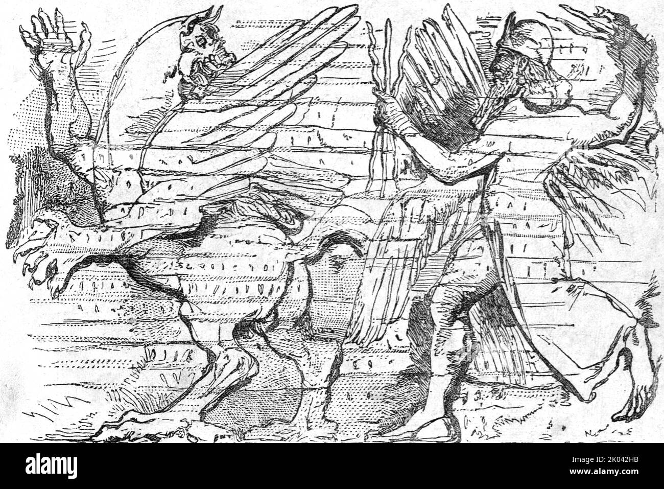„Der assyrische Herkules, der den bösen Geist austreift, der Ninive-Hof, der Kristallpalast, Sydenham“, 1854. Aus „Cassells Illustrated Family Paper; London Weekly 31/12/1853 - 30/12/1854“. Stockfoto