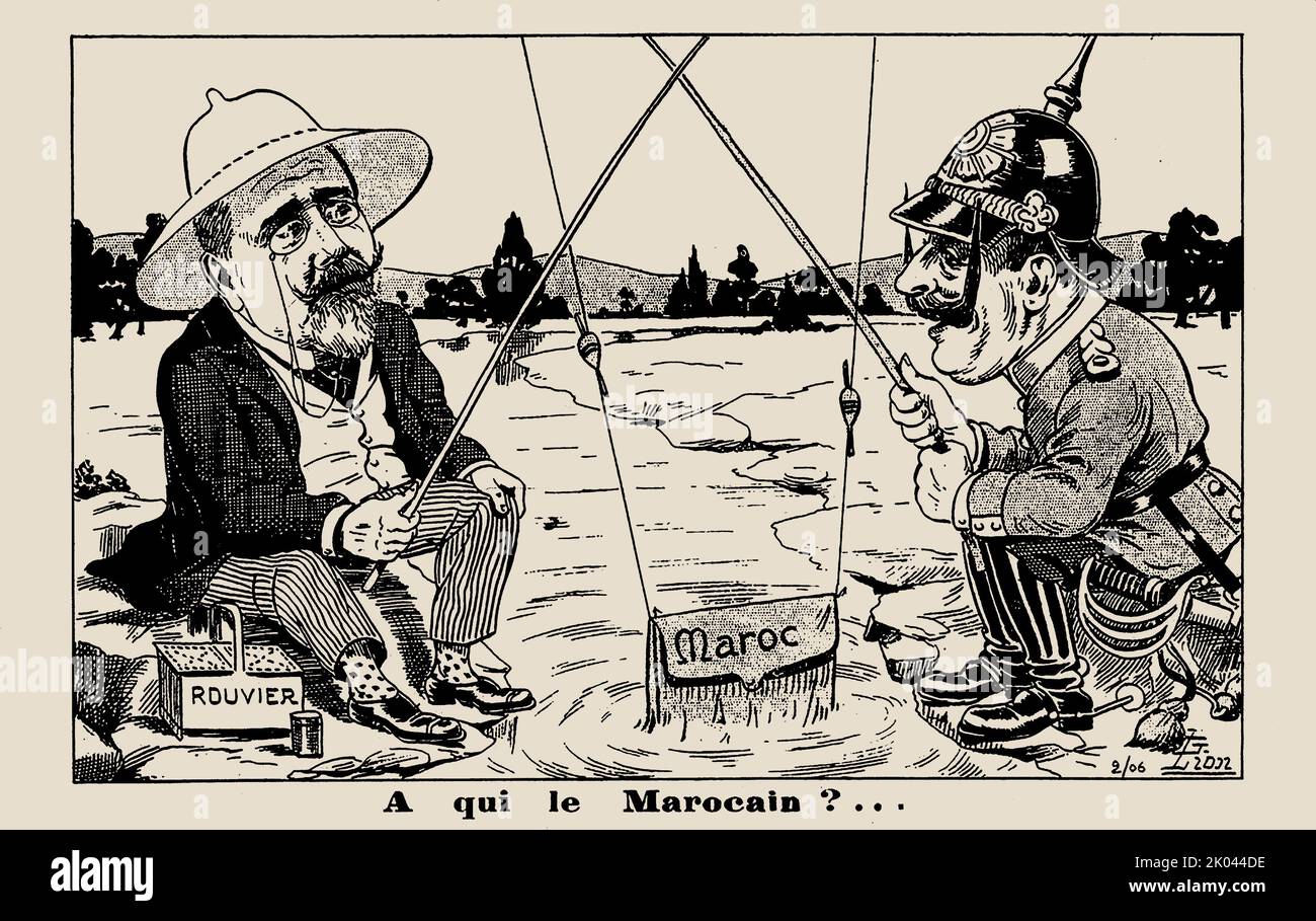 Ein Qui le Marocain? (Wem gehören die Marokkaner?) Französische anti-deutsche Postkarte über die erste marokkanische Krise, 1906. Private Sammlung. Stockfoto