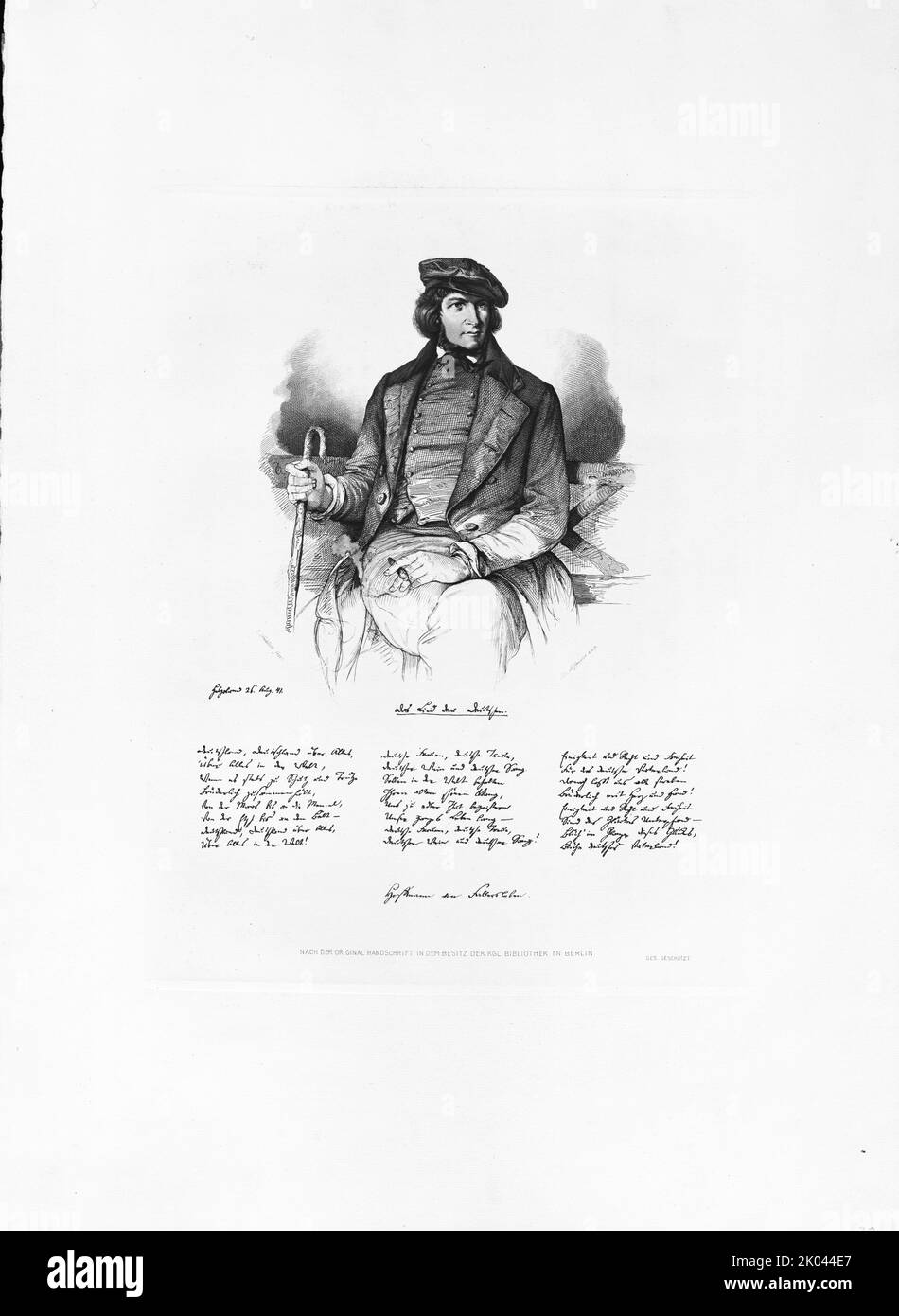 Porträt von August Heinrich Hoffmann von Fallersleben (1798-1874) und Faksimile des Liedes der Deutschen. Private Sammlung. Stockfoto