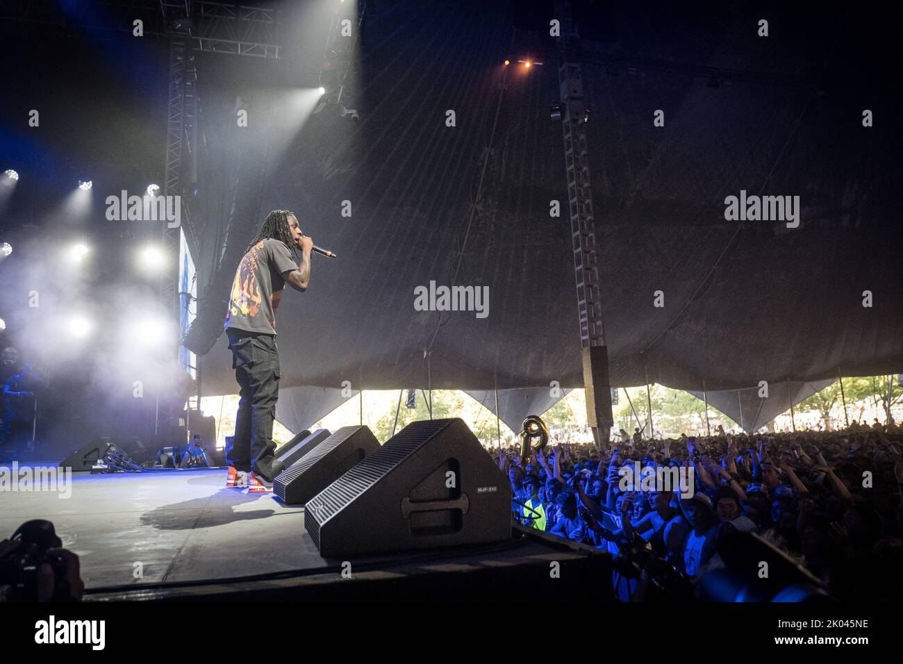 Roskilde, Dänemark. 29., Juni 2022. Der amerikanische Rapper und Texter Polo G spielt ein Live-Konzert während des dänischen Musikfestivals Roskilde Festival 2022 in Roskilde. (Foto: Gonzales Photo - Thomas Rasmussen). Stockfoto