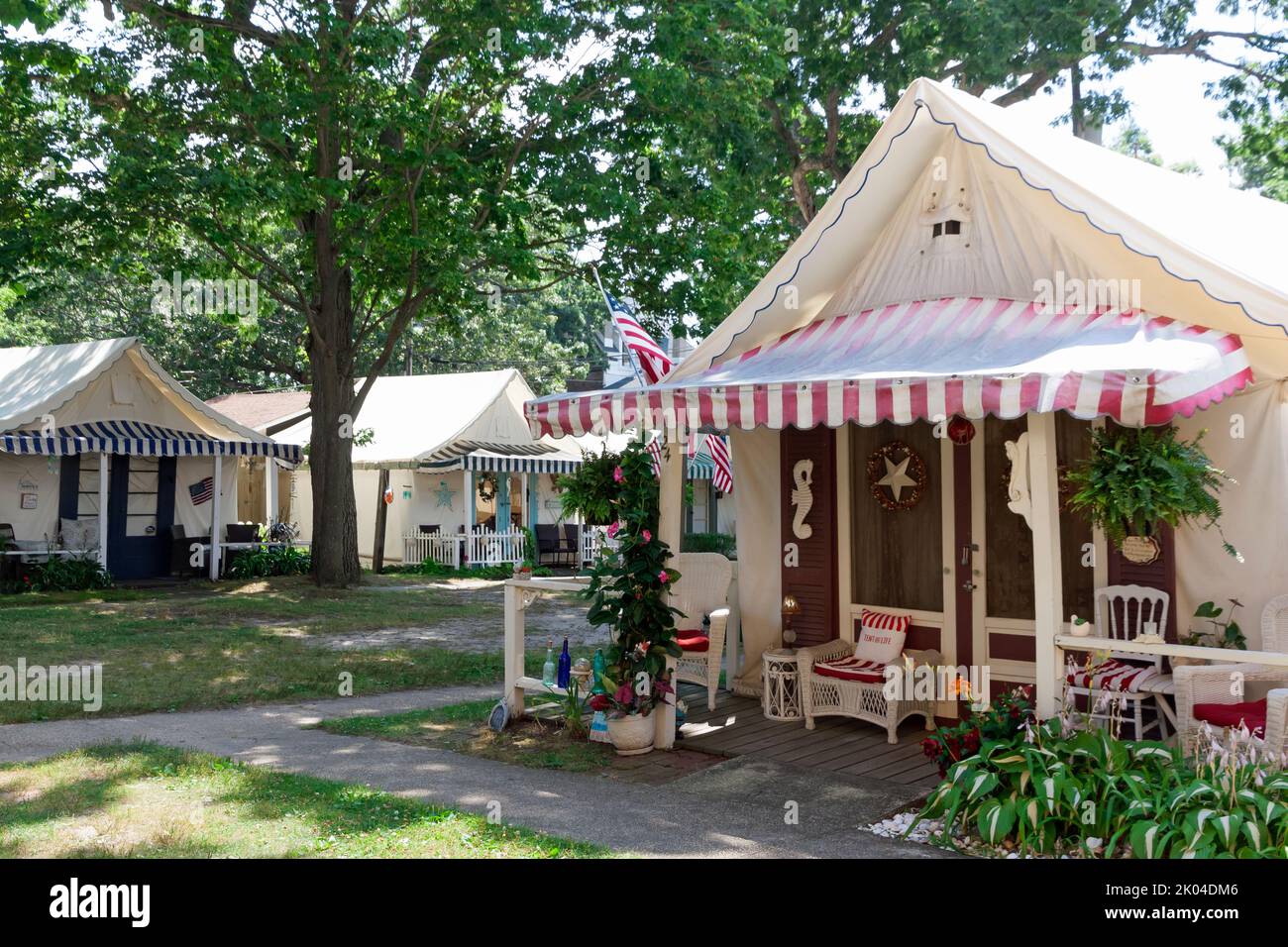 Historisches Ocean Groves Camp Methodist-Sommerzeltviertel an der Küste von New Jersey. Stockfoto