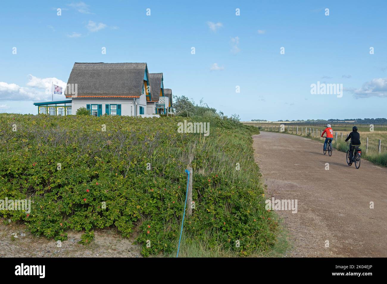 Strohhäuser, Radfahrer, Graswarder Halbinsel, Heiligenhafen, Schleswig-Holstein, Deutschland Stockfoto