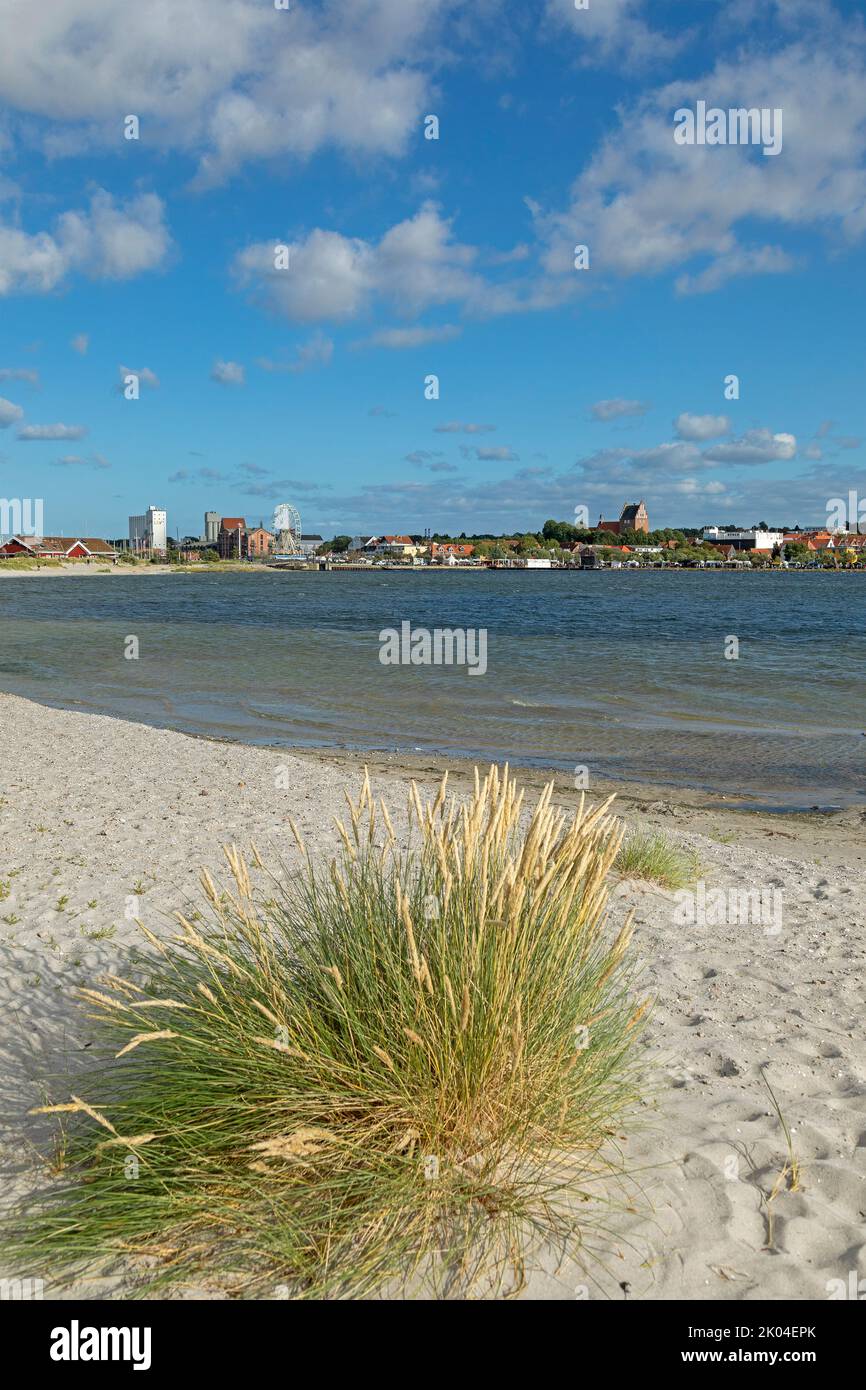 Blick auf die Stadt von der Halbinsel Steinwarder über den inneren See, Strand, Heiligenhafen, Schleswig-Holstein, Deutschland Stockfoto
