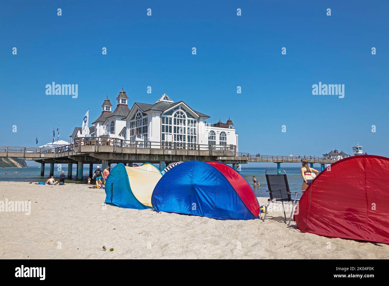 pier, Strandzelte, Sellin, Insel Rügen, Mecklenburg-Vorpommern, Deutschland Stockfoto