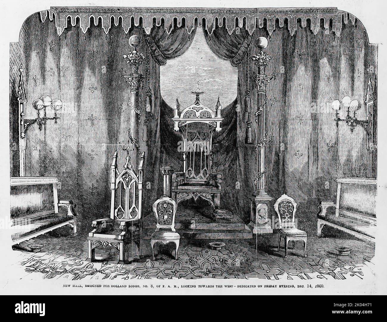 Neue Halle, entworfen für Holland Lodge, Nr. 8, von Freimaurern und akzeptierten Freimaurern, Blick nach Westen - eingeweiht 14.. Dezember 1860. 19.. Jahrhundert Illustration aus Frank Leslie's Illustrated Newspaper Stockfoto