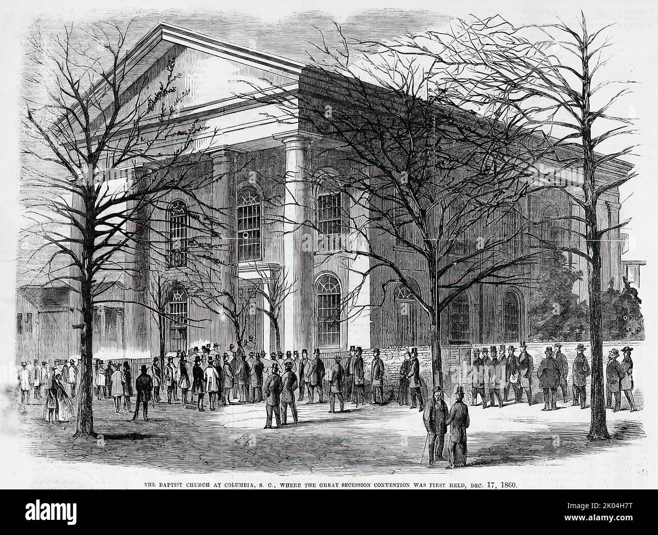 The Baptist Church in Columbia, South Carolina, wo die große Secession Convention zum ersten Mal abgehalten wurde, am 17.. Dezember 1860. Illustration des amerikanischen Bürgerkriegs des 19.. Jahrhunderts aus Frank Leslie's Illustrated Newspaper Stockfoto