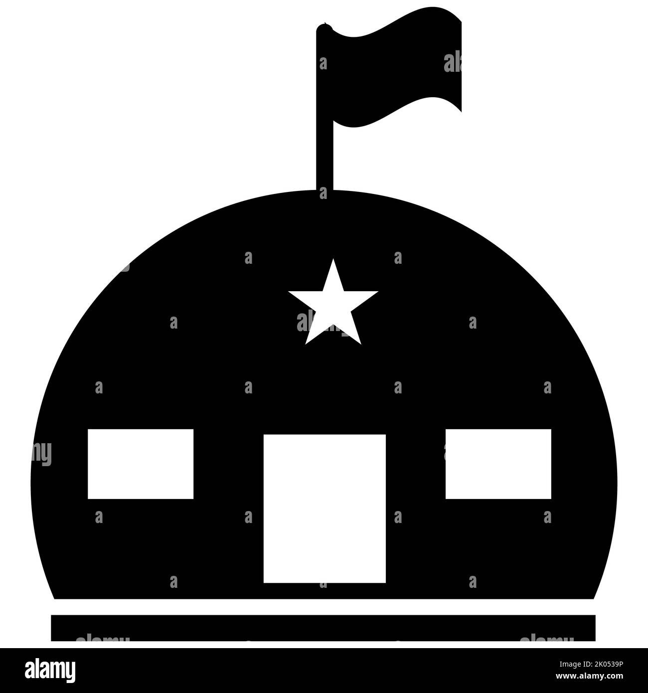 Militärische Kaserne Station Symbol auf weißem Hintergrund. Luftschläge Architektur Armee. Barackenschild. Flacher Stil. Stockfoto