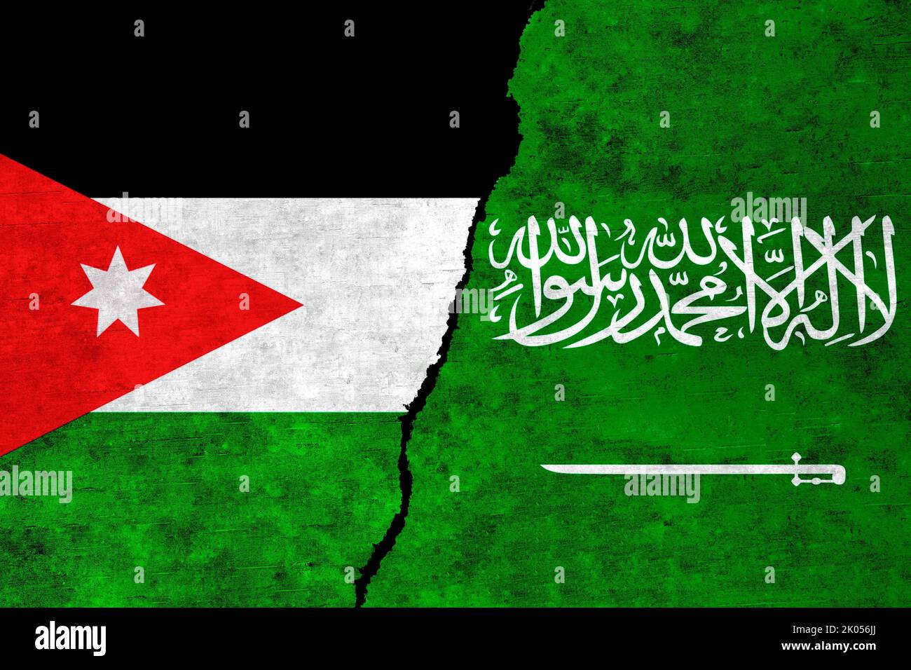 Saudi-Arabien und Jordanien Flaggen zusammen. Die Beziehungen zwischen Jordanien und Saudi-Arabien. Stockfoto