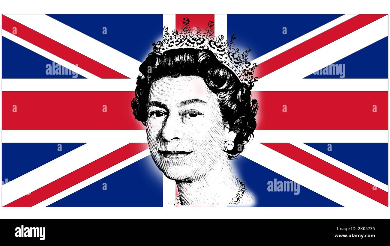 Queen Elizabeth II: Tribut mit Zeichnung der Silhouette des Gesichts der Königin in der Mitte der Flagge des Vereinigten Königreichs. Stockfoto