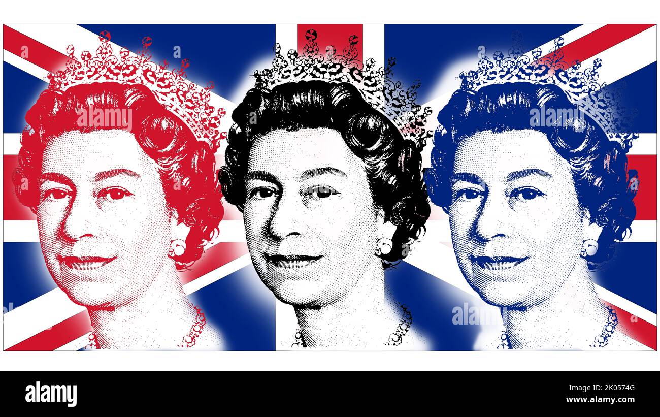 Königin Elizabeth II., Tribut mit Zeichnung der Silhouette des Gesichts der Königin mit den drei Farben der Flagge des vereinigten Königreichs. Stockfoto