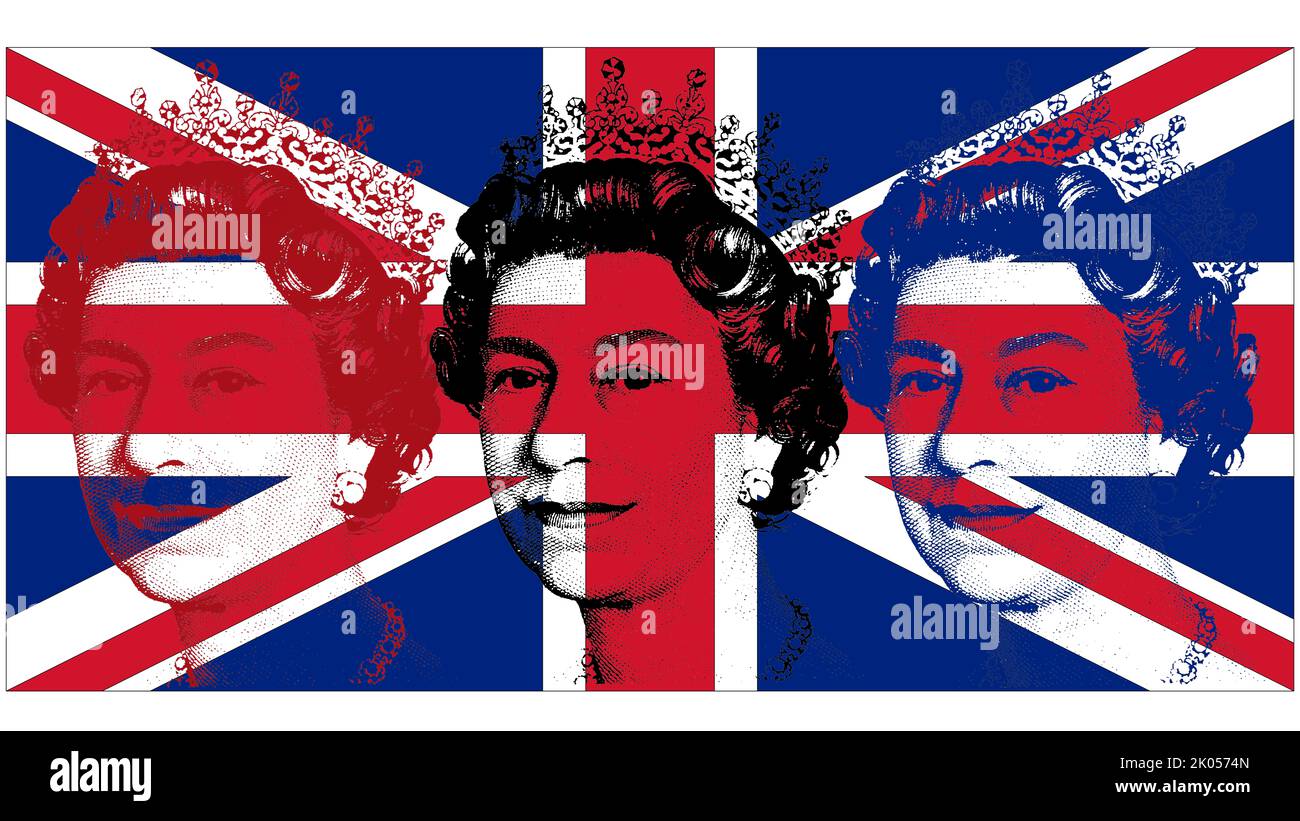 Königin Elizabeth II., Tribut mit Zeichnung der Silhouette des Gesichts der Königin mit den drei Farben der Flagge des vereinigten Königreichs. Stockfoto