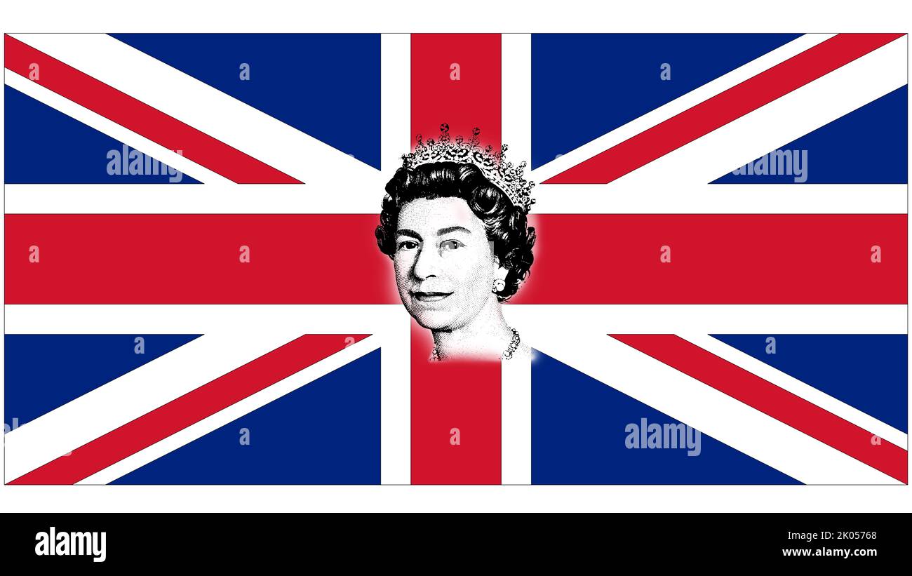 Queen Elizabeth II: Tribute mit Silhouette des Gesichts, neu gestaltete bunte Pop-Art-Typ, mit dem Hintergrund die Flagge des Vereinigten Königreichs. Stockfoto
