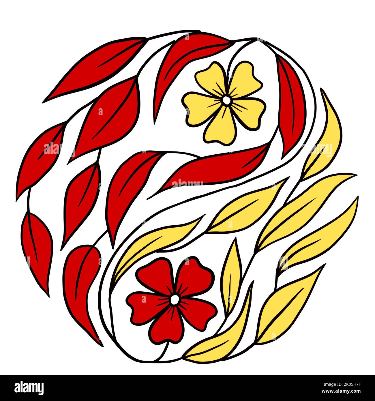 Handgezeichnete Illustration des floralen Yin Yang chinesischen Konzepts mit rot gelben Blüten Blatt Blätter. Elegante runde Komposition mit hellen Laub Natur Elemente, Blüte Blüte symbolische Ornament einfache Minimalismus-Design Stockfoto