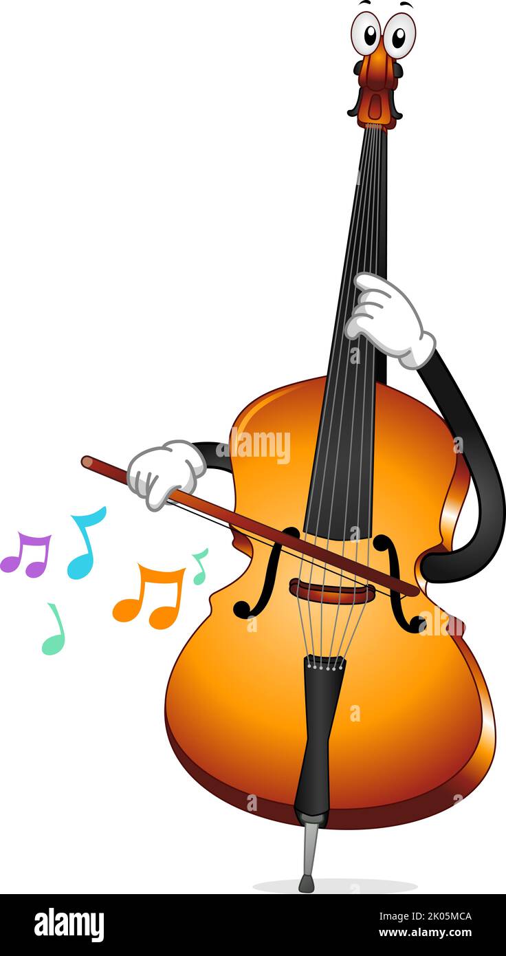 Illustration eines aufrechten Bassinstruments von Mascot mit einem Bogen, der mit Musiknoten spielt Stockfoto