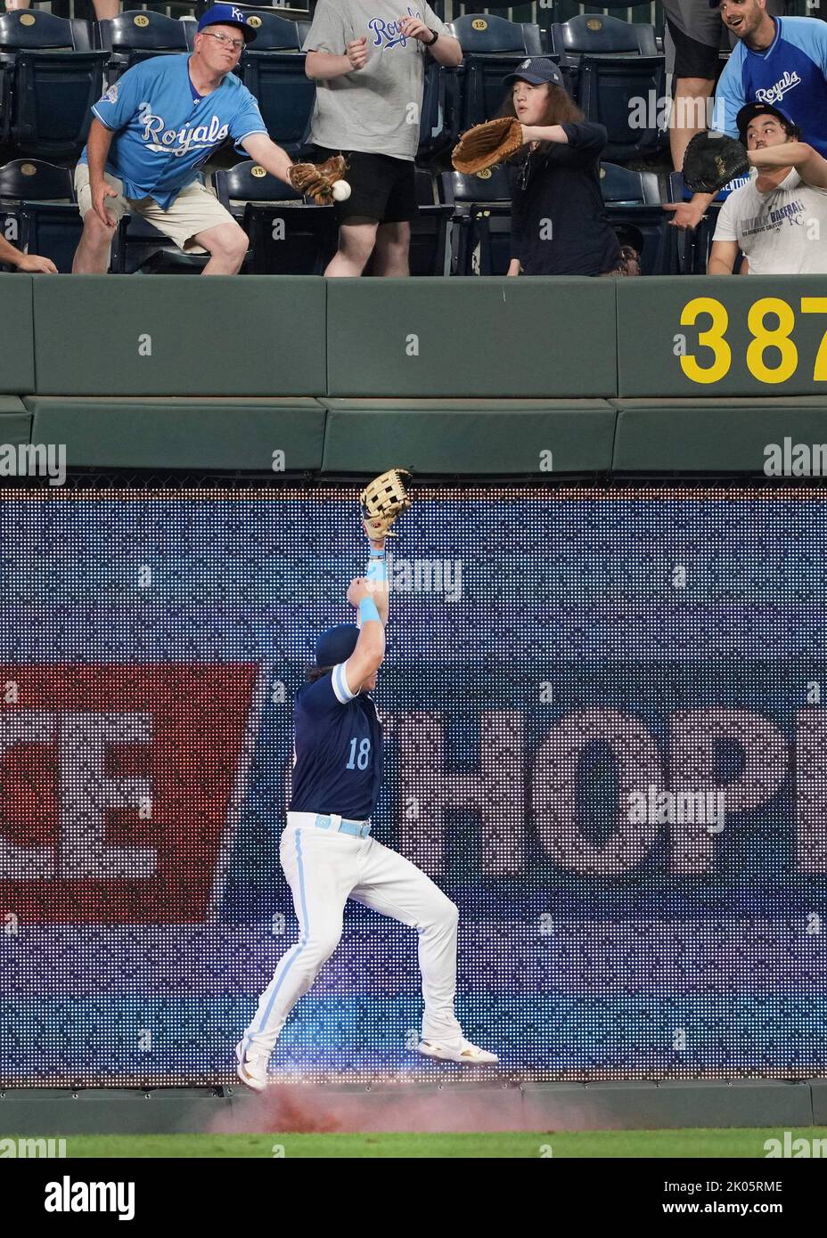 09. SEP 2022: Nate Eaton (18), Rechtsfeldspieler der Kansas City Royals, stürzt in die Halle, als ein Fan das Spiel auf einem Heimlauf des Detroit Tigers Catcher Eric Haase (13) im Kauffman Stadium Kansas City, Missouri, spielt. TheTigers schlug die Royals 10-2 Jon Robichaud/CSM. Stockfoto