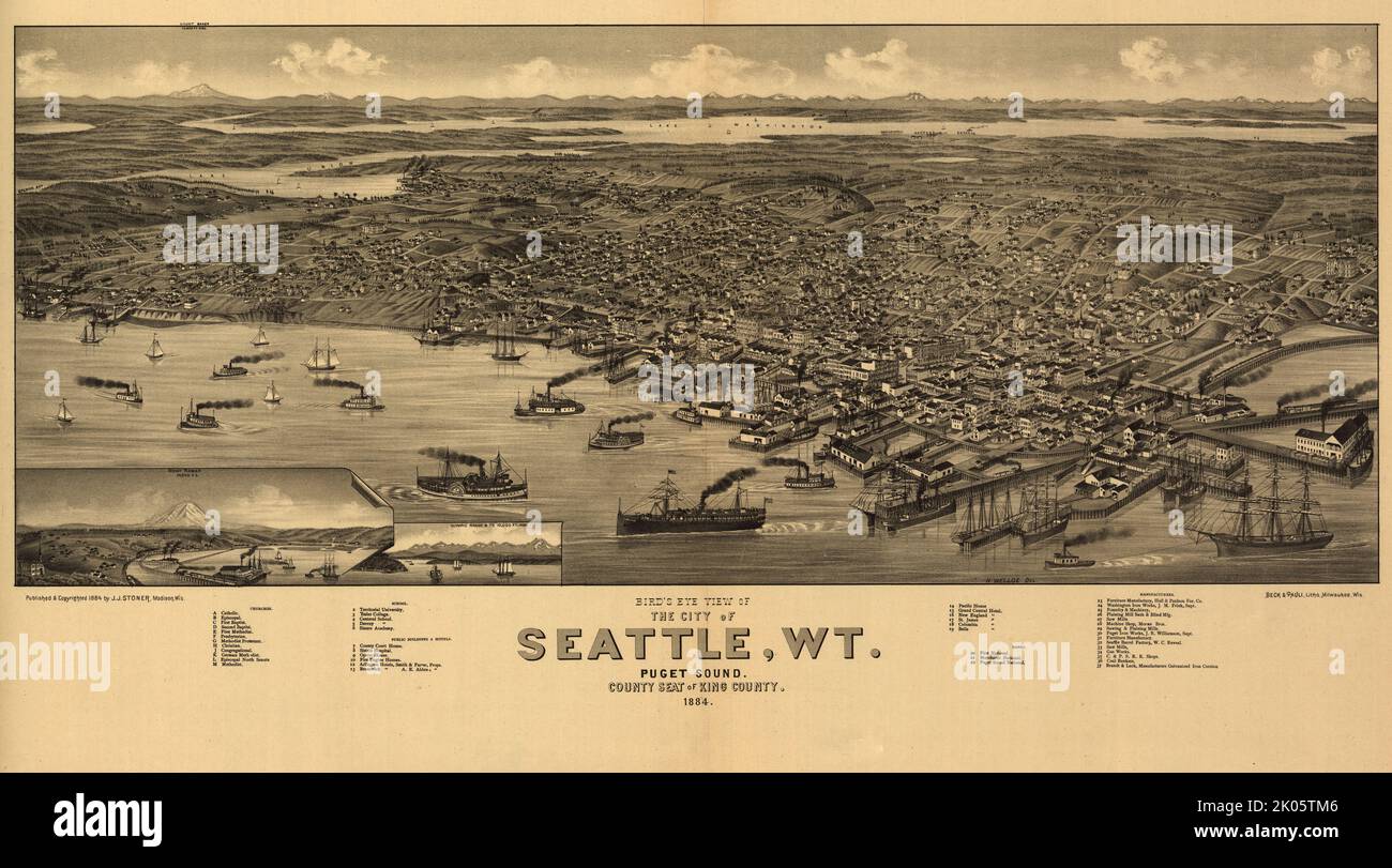Panoramakarte der Stadt Seattle, Washington, USA aus der Vogelperspektive im Jahr 1884 Stockfoto