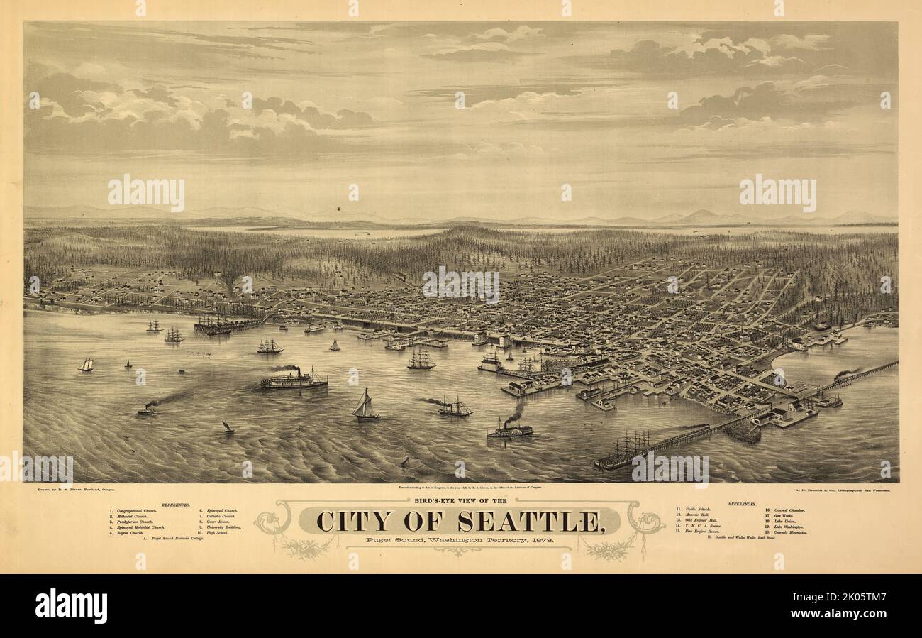 Panoramakarte der Stadt Seattle, Washington, USA aus der Vogelperspektive im Jahr 1778 Stockfoto