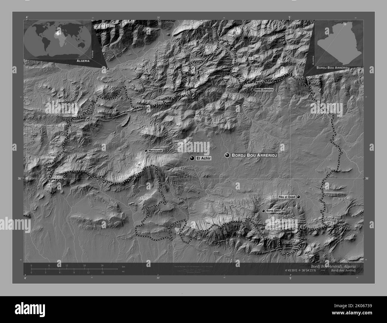 Bordj Bou Arreridj, Provinz Algerien. Bilevel-Höhenkarte mit Seen und Flüssen. Orte und Namen der wichtigsten Städte der Region. Ecke auxili Stockfoto