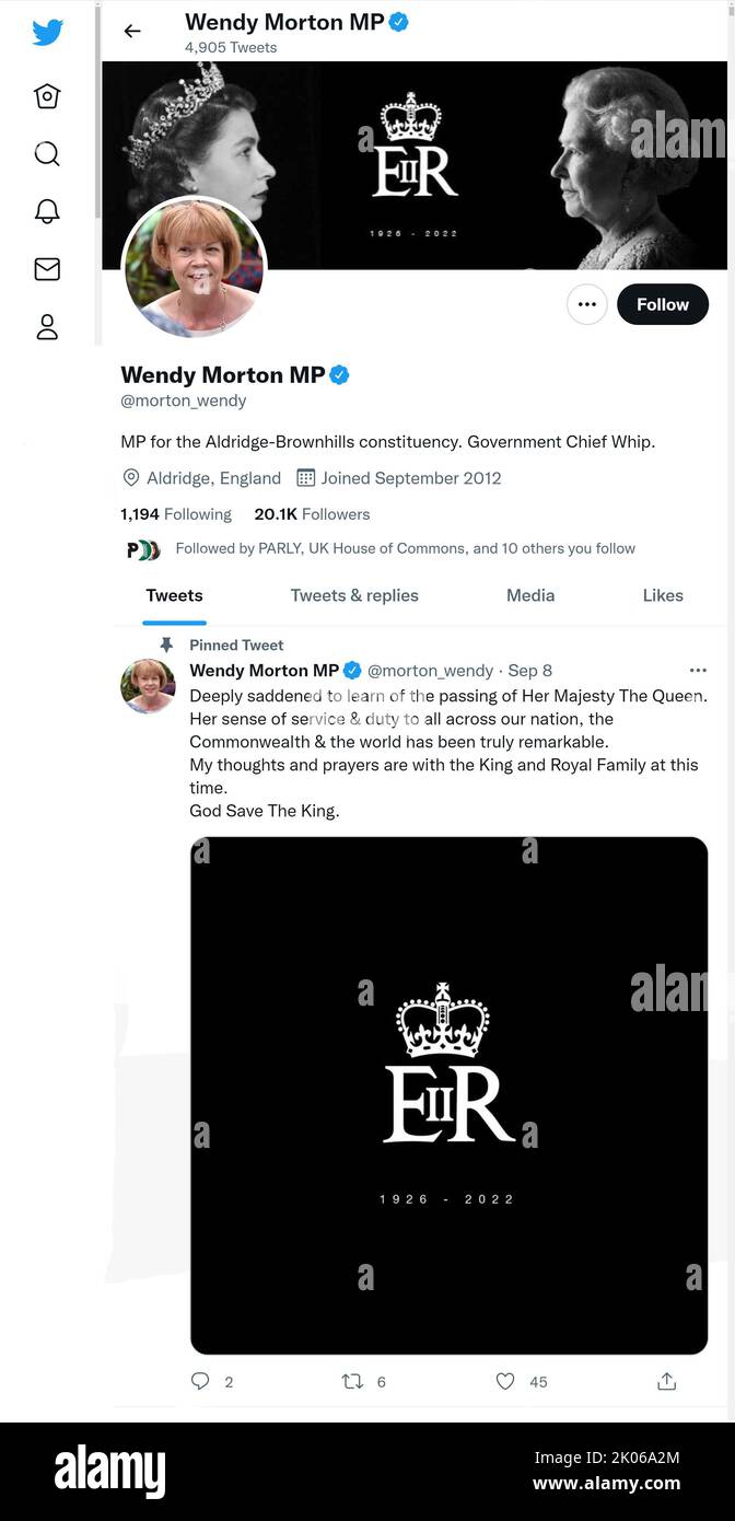 Twitter-Seite (2022. September) von Wendy Morton, Parlamentsabgeordneter der Regierung, kurz nach dem Tod von Königin Elizabeth II Stockfoto