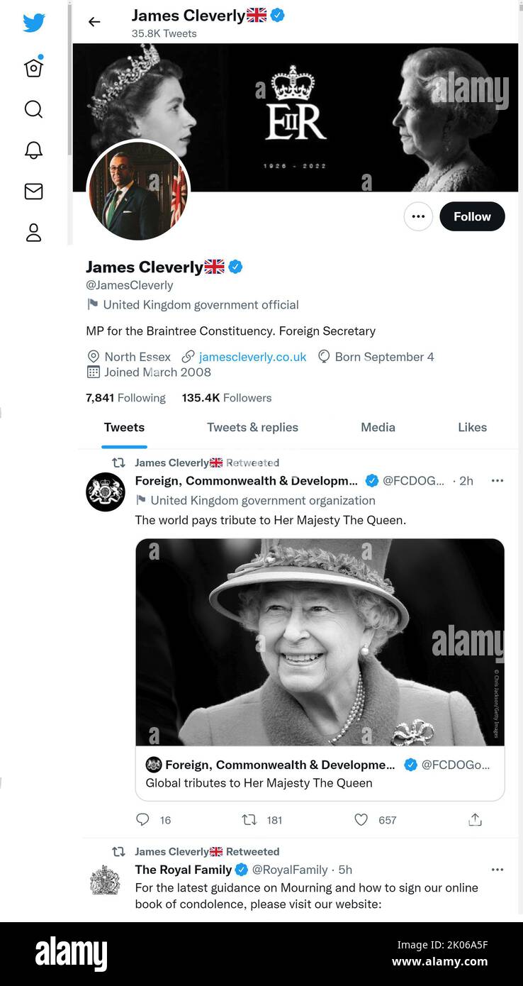 Twitter-Seite (September 2022) von James Cleverly MP, Außenminister, kurz nach dem Tod von Königin Elizabeth II Stockfoto