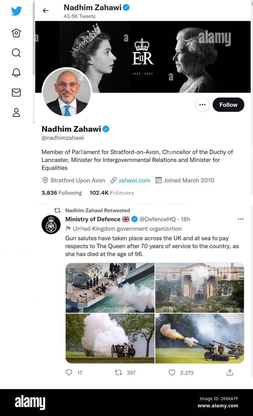 Twitter-Seite (September 2022) des Parlamentsabgeordneten von Nadim Zahawi, kurz nach dem Tod von Königin Elizabeth II Stockfoto