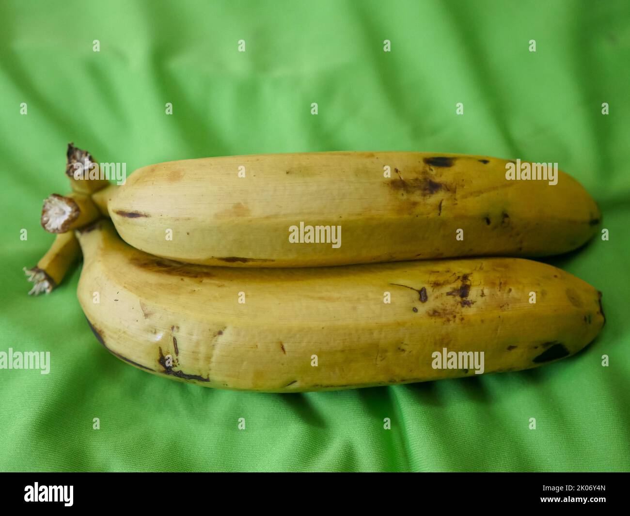 Zwei gelbe reife Banane in grünem Hintergrund platziert. Stockfoto
