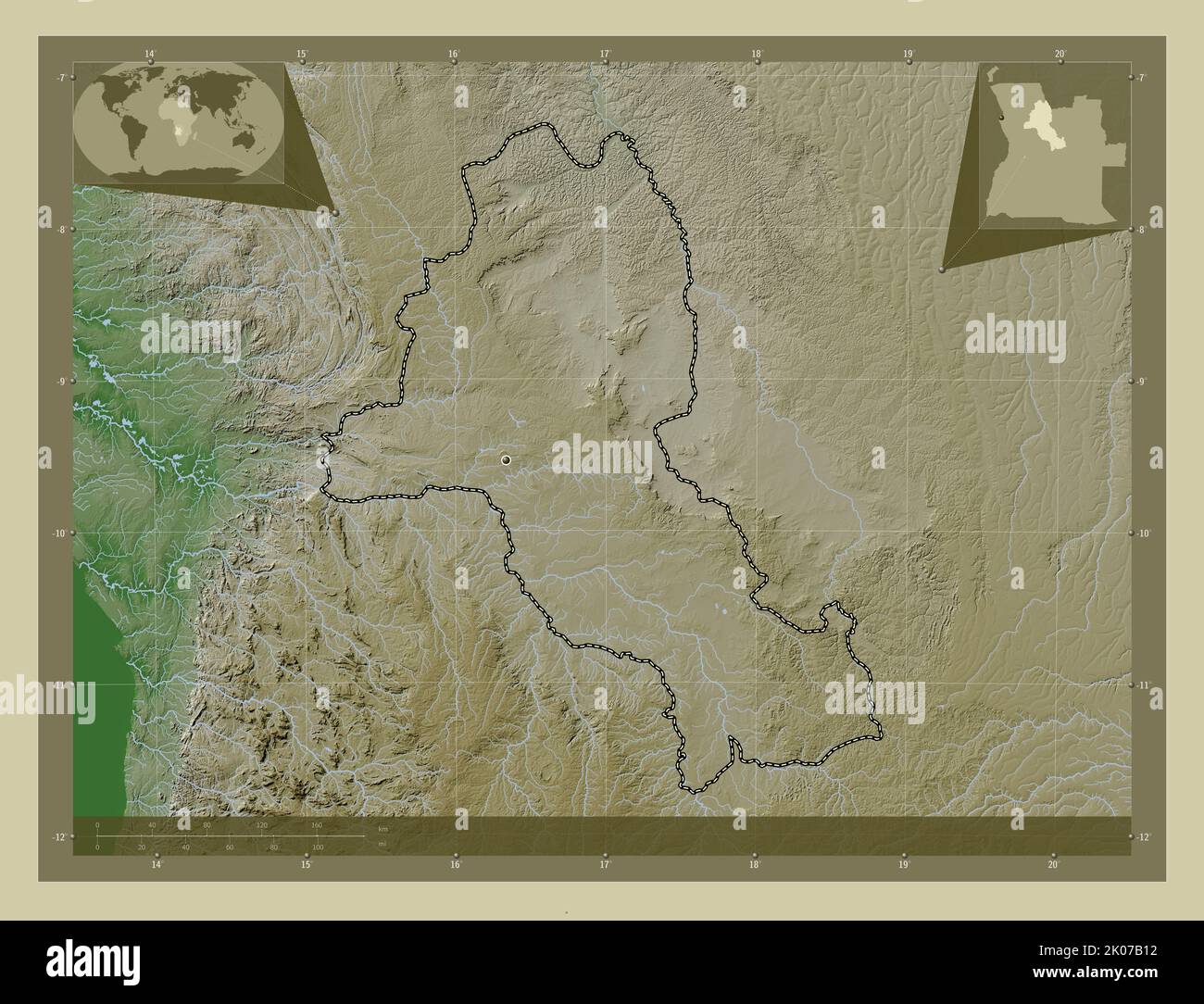 Malanje, Provinz Angola. Höhenkarte im WikiStil mit Seen und Flüssen