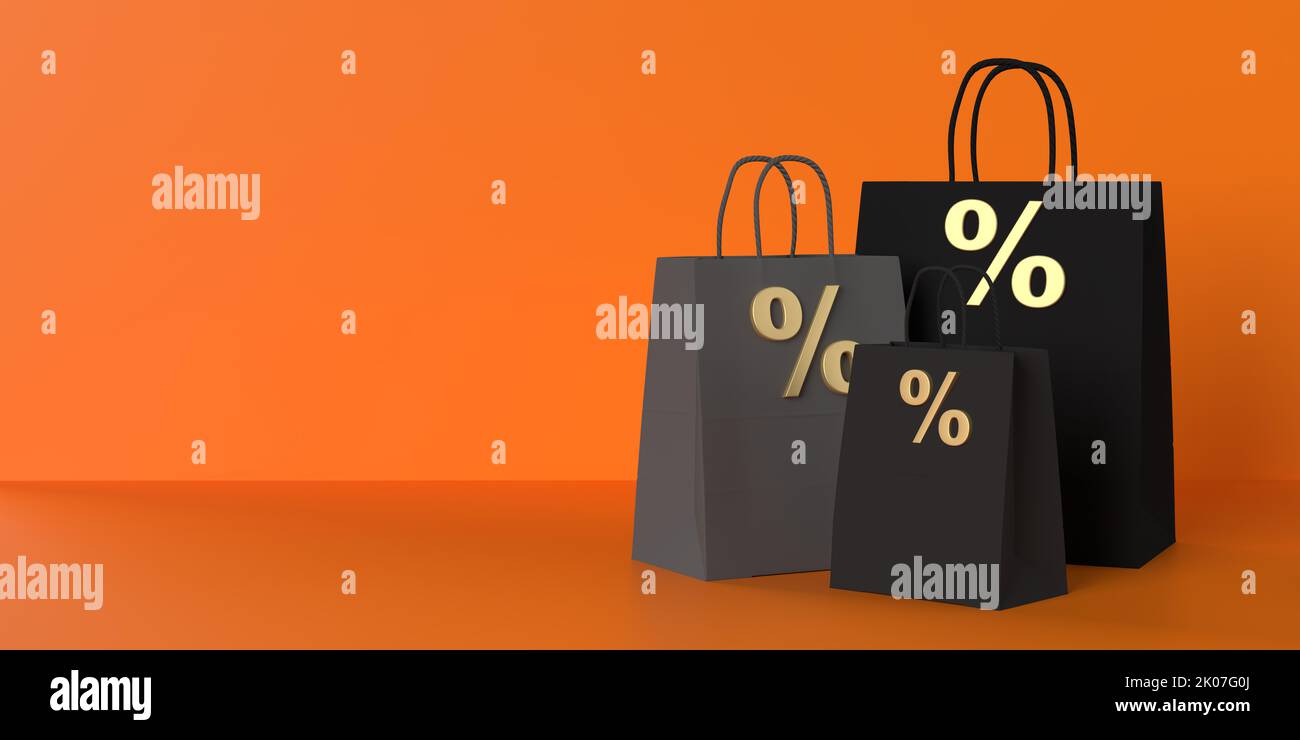 Halloween Sale Promotion mit luxuriösen schwarzen Papier Prozent Taschen auf orangenen Hintergrund, Copy Space. Saisonale Shopping-Karte, Webbanner, Verkauf, Rabatt Stockfoto