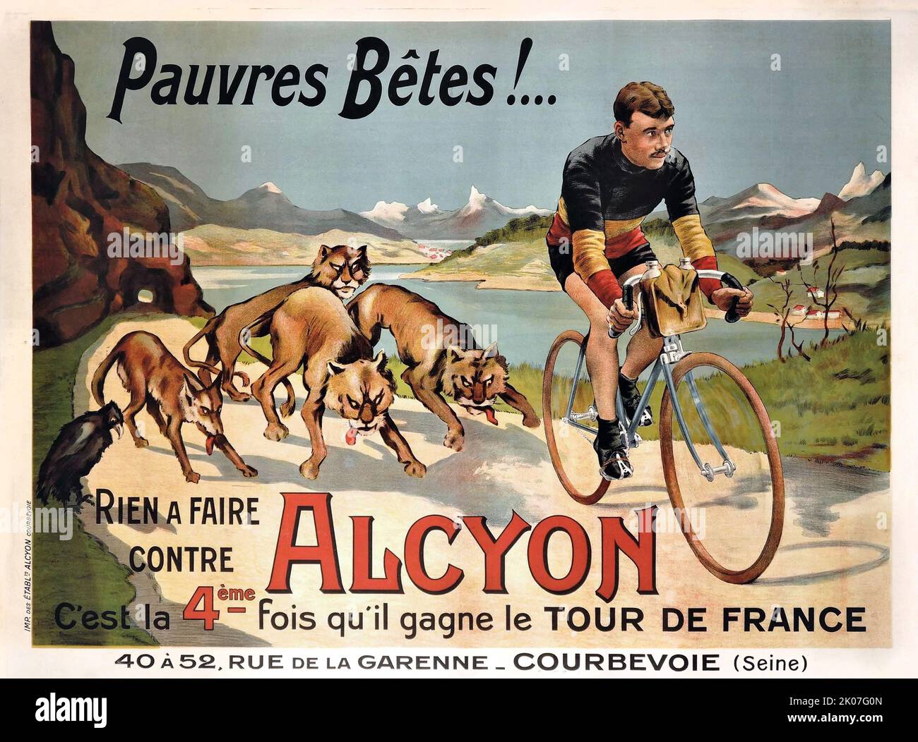 Vintage Poster für die belgische Radrennfahrerin Odile Defraye, Mitglied des französischen Alcyon-Rennteams. Gewinner der Tour de France, 1912 Stockfoto