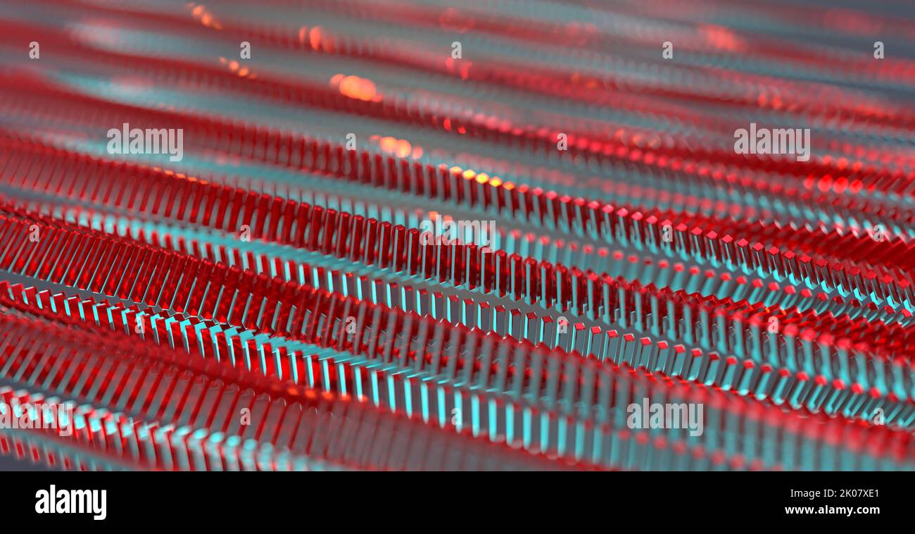 3D Darstellung von Schnüren aus metallischen, roten Säulen, die an künstliche Rückenmarksbänder erinnern, mit blauem Umgebungslicht; eine Form futuristischer abstrakter Kunst Stockfoto