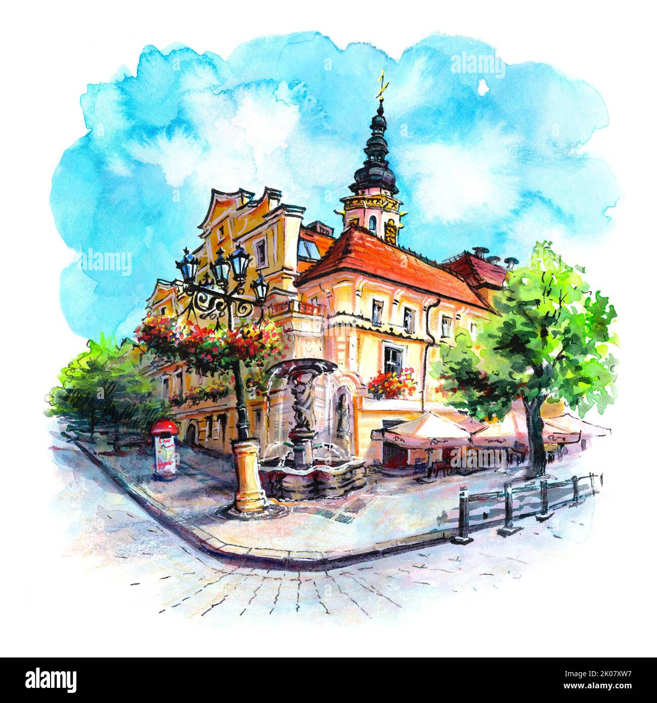 Aquarellskizze des Marktplatzes von Swidnica in der Altstadt von Swidnica, Schlesien, Polen. Stockfoto
