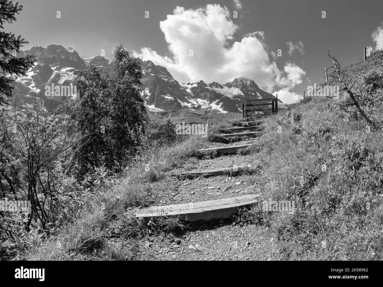 Das Hineres Lauterbrunnental mit den Gipfeln Mittaghorn und Grosshorn und Breithorn Stockfoto